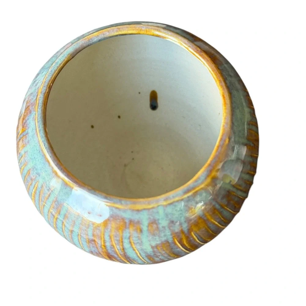 Handmade Studio Pottery Planter Vase Teal Amber Reactive Glaze Ribbed Pottery